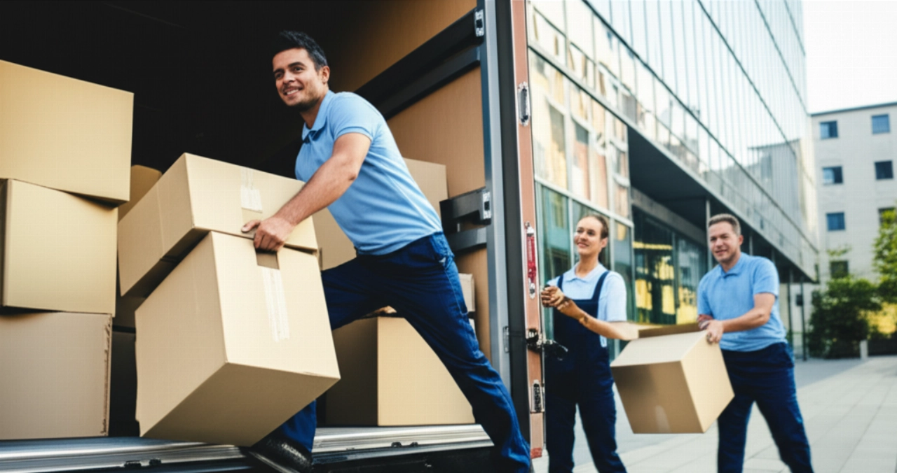 Deux déménageurs caucasiens déchargent efficacement des cartons étiquetés d'un camion sans logo devant un bâtiment moderne dans une ville européenne rappelant Bâle.