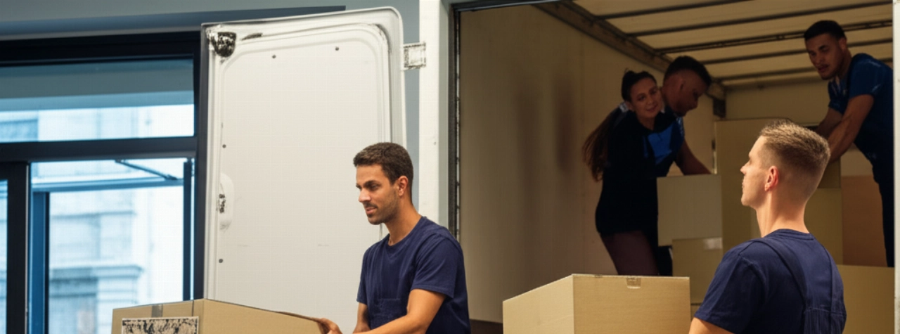Équipe de déménageurs professionnels caucasiens chargeant des cartons dans un camion, avec un arrière-plan suggérant Rome et Bruxelles.