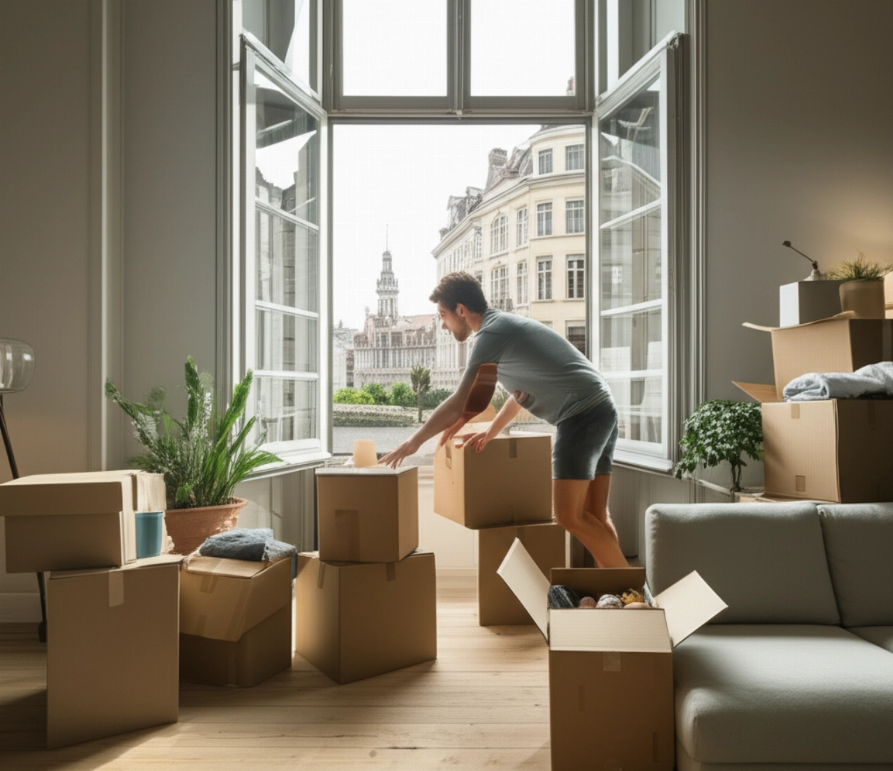 Personne caucasienne déballant des cartons dans un salon moderne à Bruxelles, avec vue sur la ville.