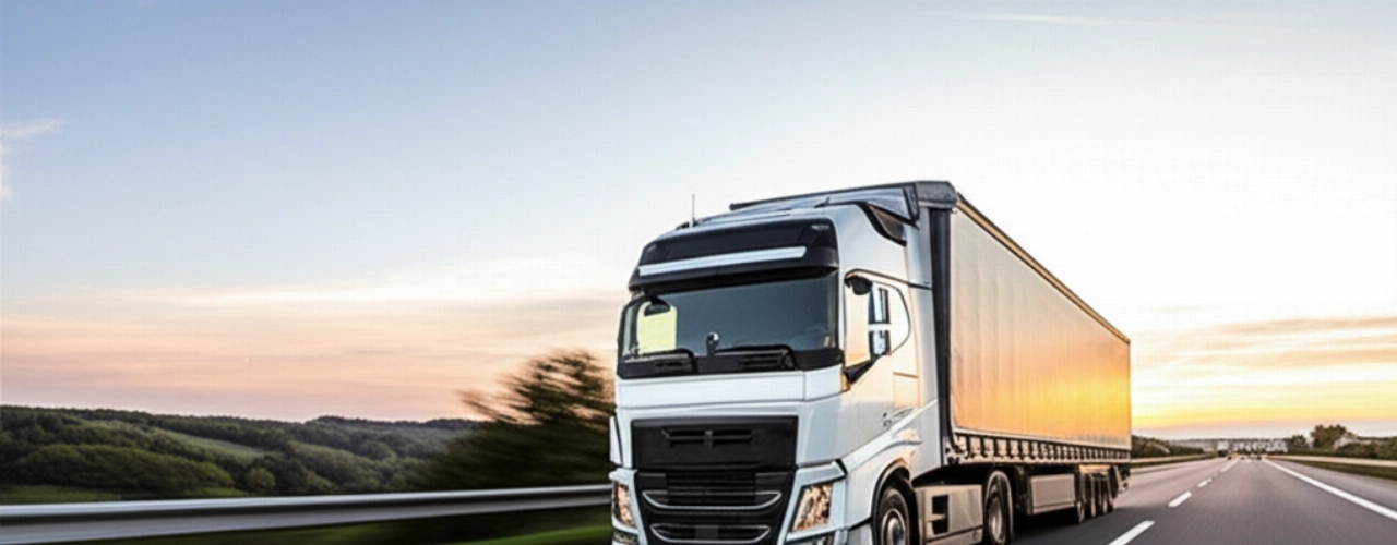 Un camion de déménagement moderne roule sur une autoroute européenne au coucher du soleil, symbolisant un voyage efficace entre Rome et Düsseldorf.