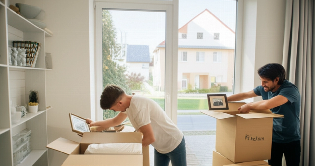 Un couple caucasien déballe soigneusement des cartons dans un salon moderne et lumineux, symbolisant la joie d'un nouveau départ après un déménagement international.