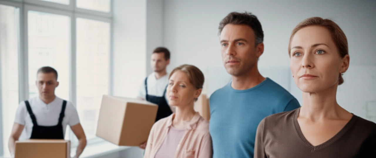 Un couple caucasien heureux et soulagé observe des déménageurs professionnels charger des cartons dans un appartement moderne et lumineux, symbolisant un déménagement sans stress.