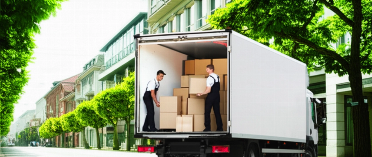 Des déménageurs professionnels caucasiens déchargent des cartons d'un camion dans une rue propre de Zurich, avec une architecture moderne en arrière-plan, symbolisant une arrivée efficace.
