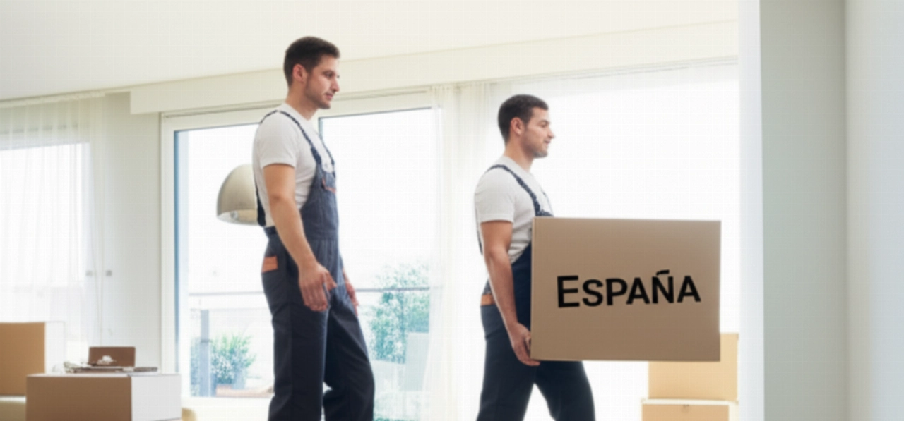Deux déménageurs caucasiens professionnels transportant avec soin une boîte étiquetée "España" depuis un salon moderne.