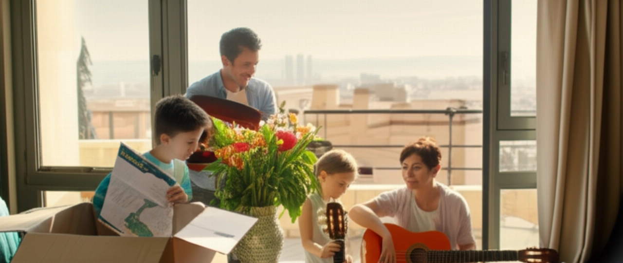 Famille caucasienne heureuse déballant des cartons dans un appartement moderne lumineux en Espagne, avec vue sur une ville espagnole ou la mer.