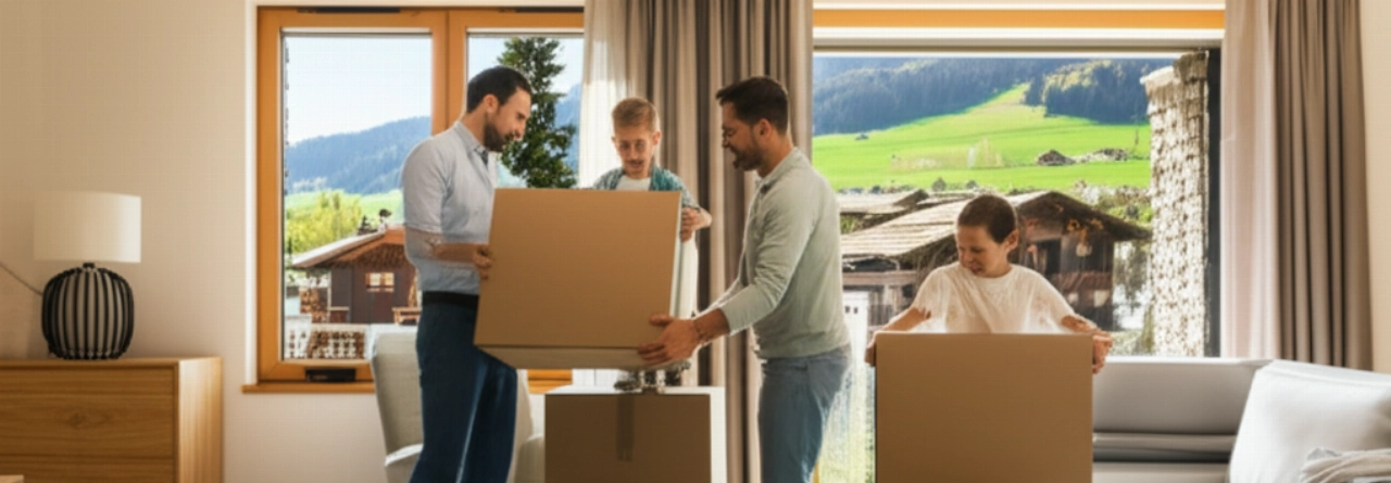 Famille caucasienne heureuse déballant des cartons dans un salon suisse lumineux, symbolisant un nouveau départ et la joie du foyer.