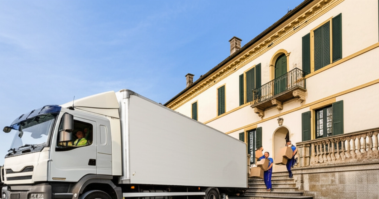 Grand camion de déménagement garé devant une villa historique de Varèse, avec des déménageurs chargeant des cartons.