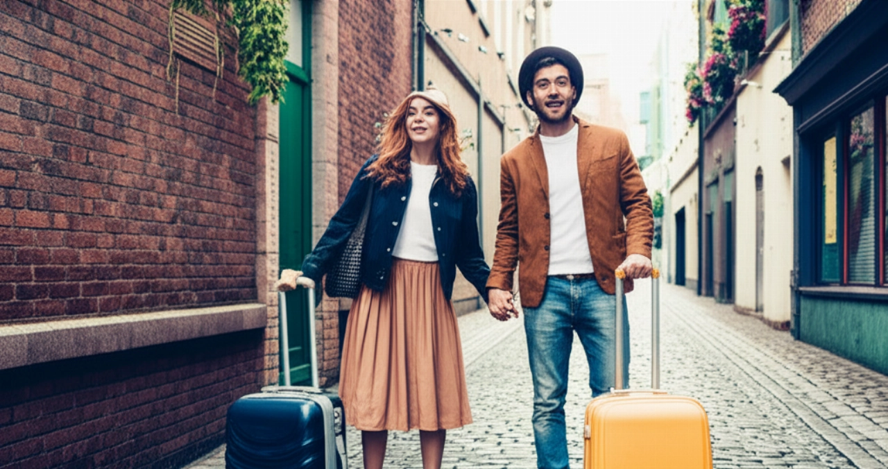 Couple caucasien enthousiaste avec des bagages dans une rue pavée de Dublin, avec une porte géorgienne en arrière-plan.