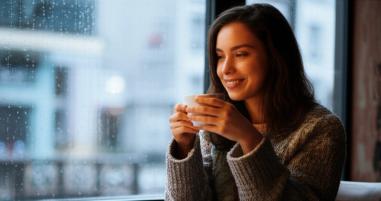 Femme caucasienne souriante buvant du café dans un café confortable de Dublin, avec la pluie à l'extérieur de la fenêtre.