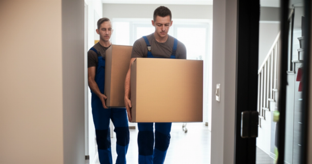Déménageurs professionnels caucasiens transportant une boîte dans le couloir d'un appartement.
