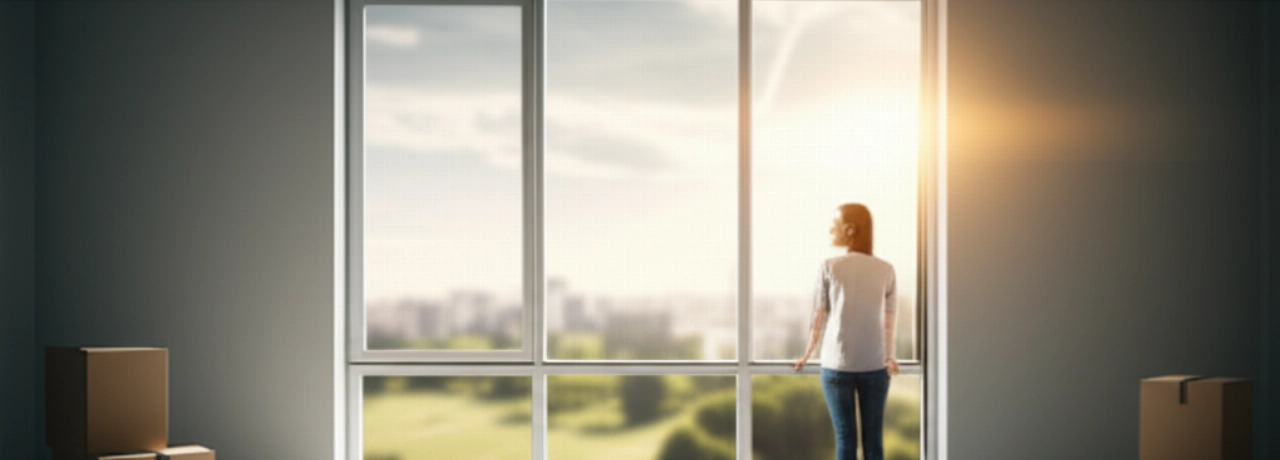 Femme caucasienne dans un nouvel appartement lumineux avec des cartons, regardant par la fenêtre.