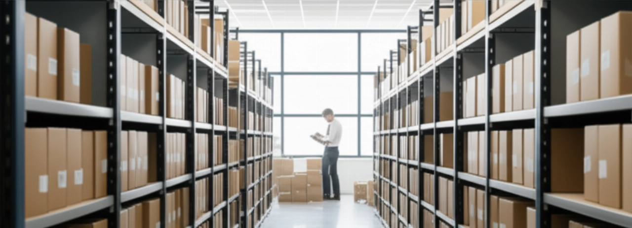Image hyperréaliste d'un vaste archivage moderne avec des dossiers de boîtes organisées, en préparation d'un déménagement à grande échelle, avec un professionnel qui supervise.