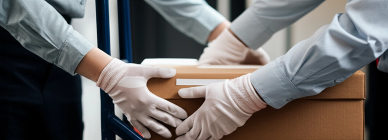 Gros plan hyperréaliste de professionnels caucasiens manipulant avec soin des boîtes d'archives étiquetées, soulignant la précision et la sécurité pendant le déménagement.