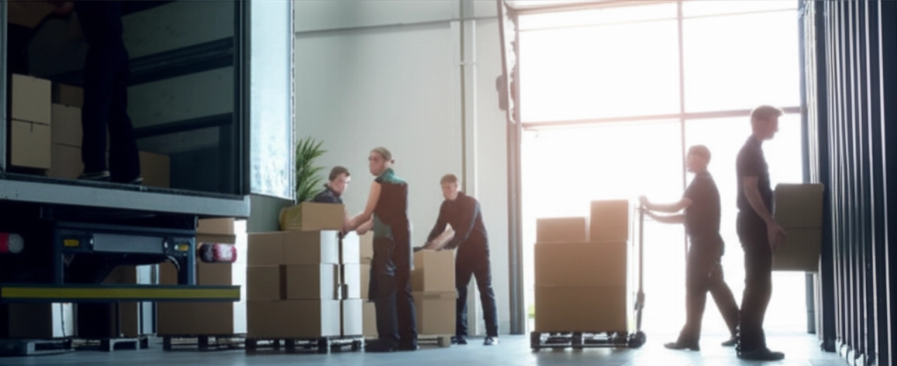 Image hyperréaliste d'un déménagement efficace de boîtes d'archives d'un camion vers une nouvelle installation moderne, avec des professionnels qui déchargent et organisent.