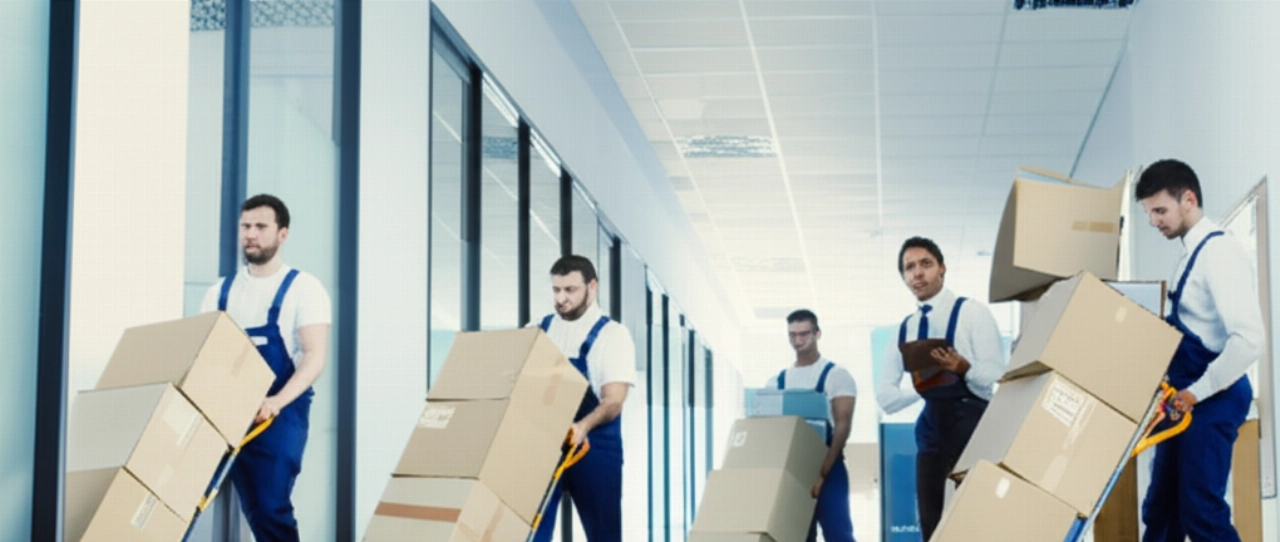 Des professionnels caucasiens gèrent avec soin un déménagement d'entreprise organisé, transportant des cartons et du matériel dans un couloir de bureau.