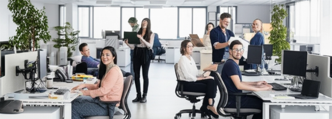 Des employés caucasiens satisfaits travaillent dans un nouveau bureau d'entreprise moderne, symbole d'un déménagement réussi et d'une nouvelle productivité.