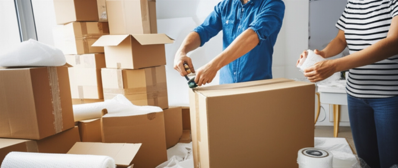 Deux personnes caucasiennes emballant diligemment des cartons de déménagement pour un déménagement dans un appartement bien éclairé.