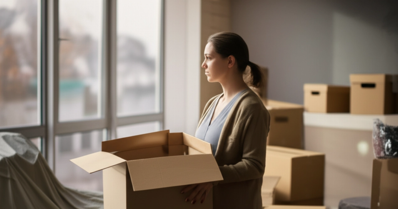 Femme caucasienne dans une nouvelle maison partiellement déballée, avec des cartons de déménagement, réfléchissant au processus.
