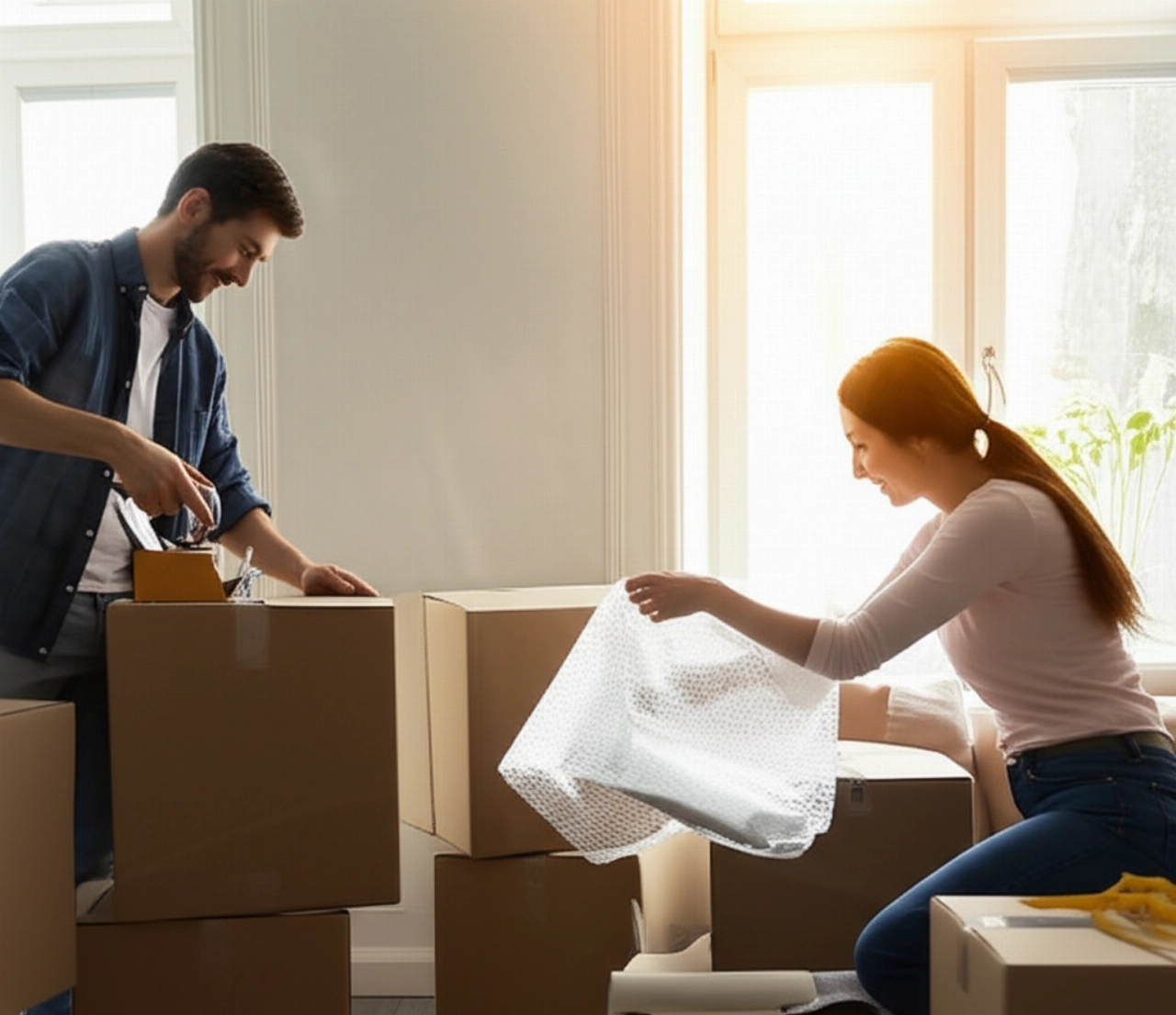 Couple caucasien emballant soigneusement des articles ménagers dans des cartons de déménagement, avec la lumière du soleil illuminant la scène.