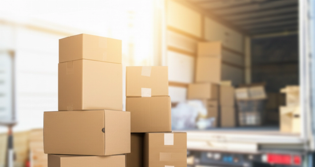 Piles de cartons de déménagement étiquetés, prêts dans un nouvel environnement lumineux, symbolisant un nouveau départ.