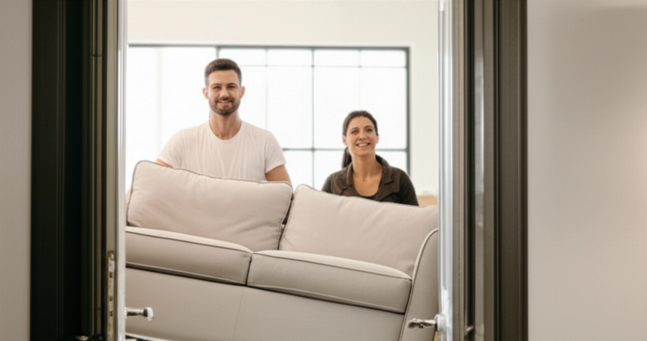 Heureux couple caucasien transportant un canapé à travers l'entrée de leur nouvelle maison, soulignant la facilité et le travail d'équipe lors d'un déménagement.