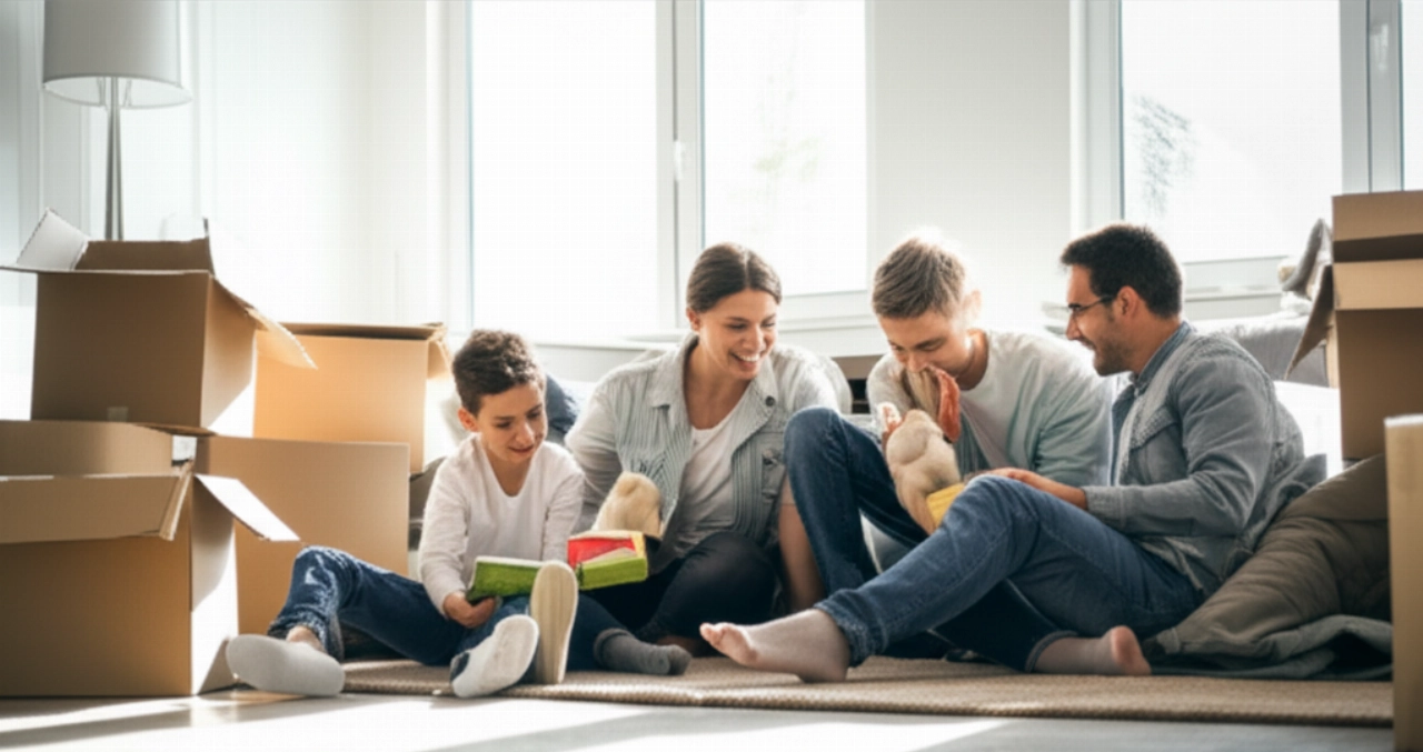 Heureuse famille caucasienne se relaxant sur le sol de leur nouveau salon lumineux, profitant du confort et de la joie après un déménagement réussi.