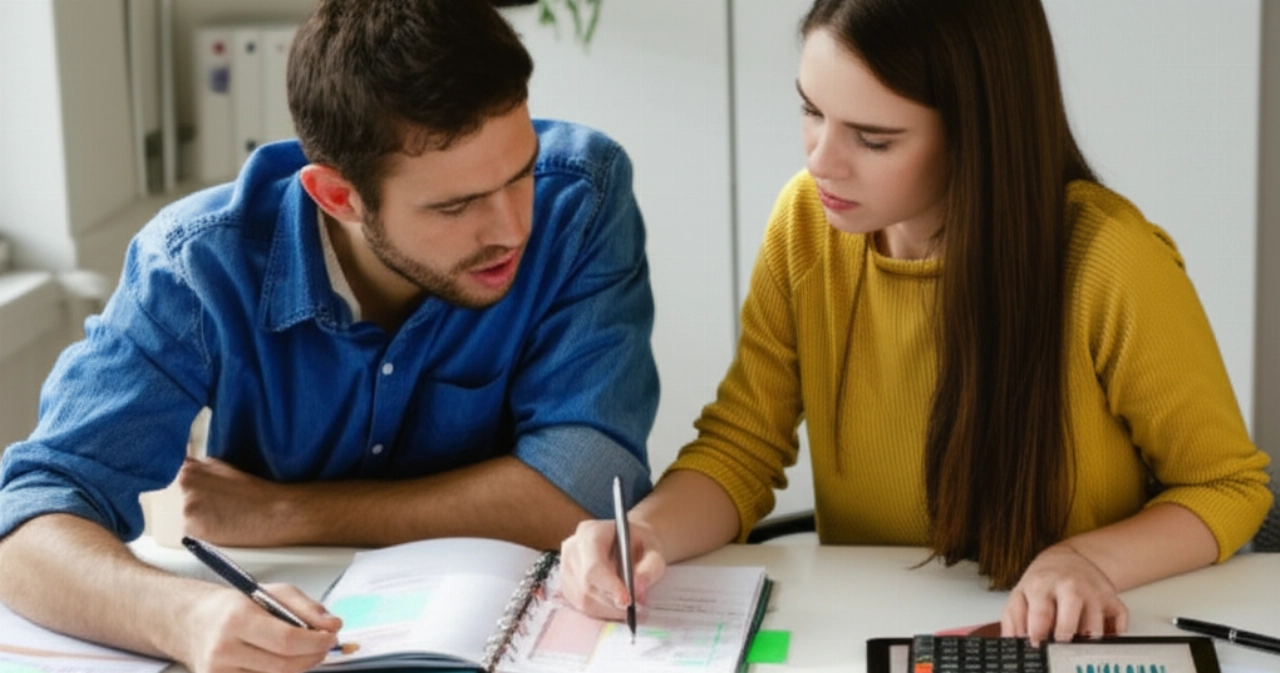 Deux individus caucasiens collaborent intensément sur un plan financier pour un déménagement, assis à un bureau avec une calculatrice, une tablette et des documents.