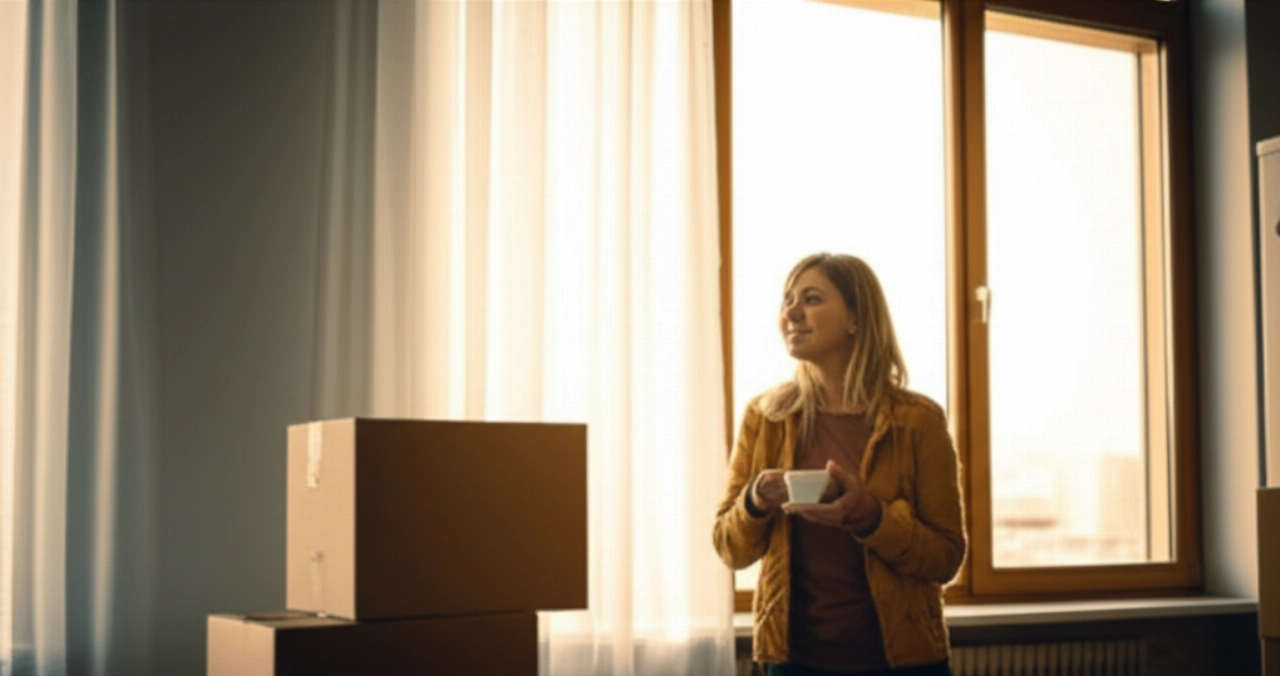 Une femme caucasienne souriante et détendue dans un nouveau salon, avec quelques cartons de déménagement en arrière-plan, savourant un café au soleil matinal.