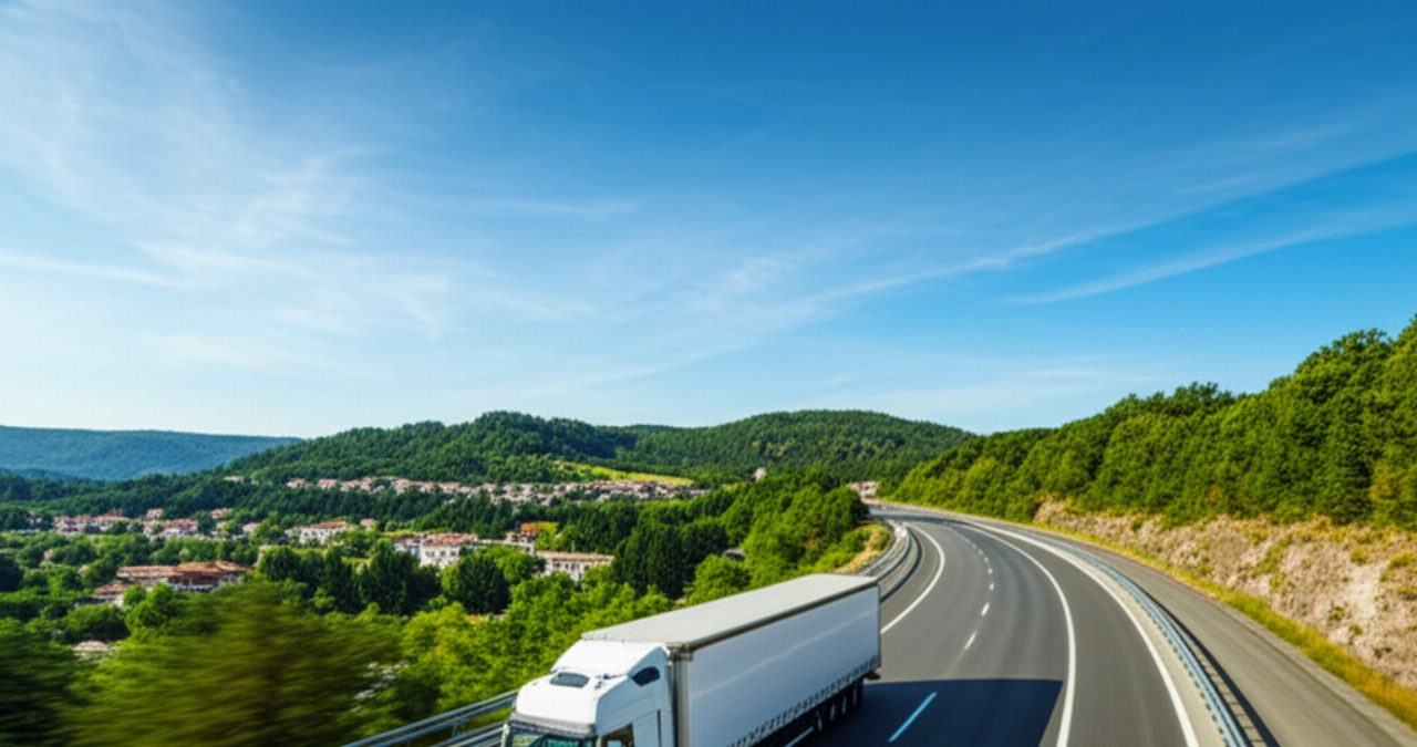 Un camion de déménagement moderne roule sur une autoroute panoramique à travers les Alpes, symbolisant le voyage de l'Allemagne vers l'Italie.