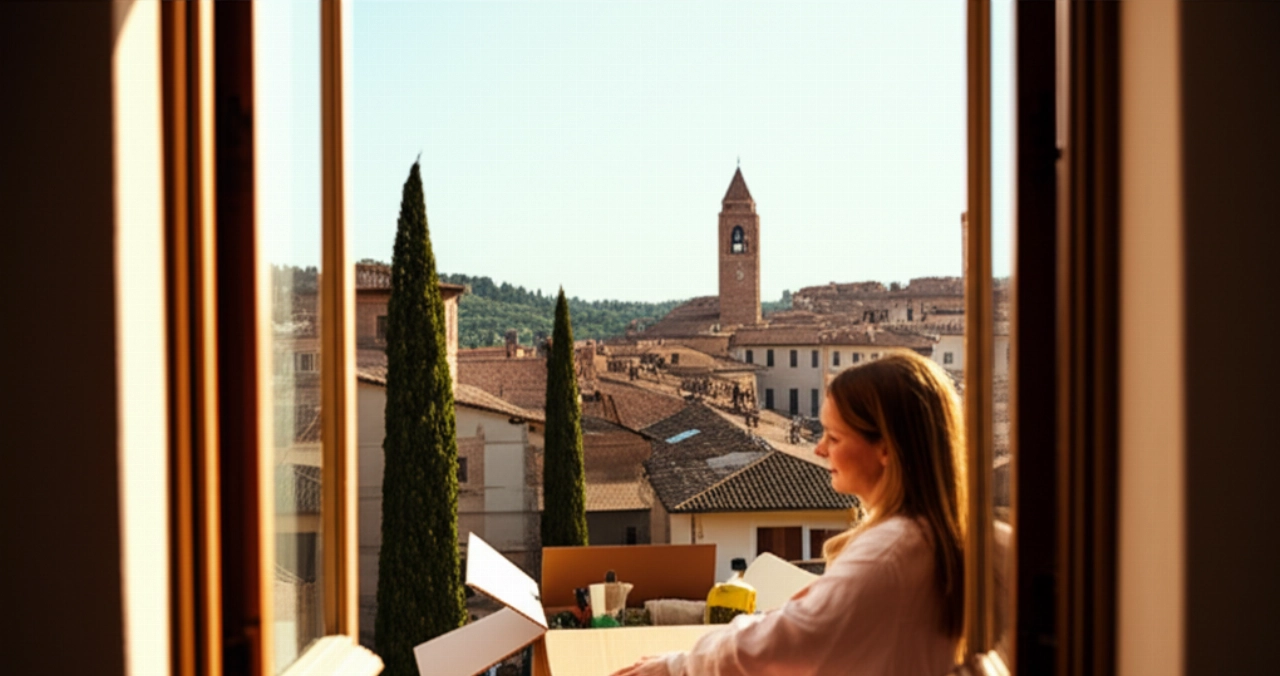 Une femme caucasienne sourit en déballant des cartons dans un appartement italien ensoleillé, avec une vue pittoresque sur un village italien depuis la fenêtre.