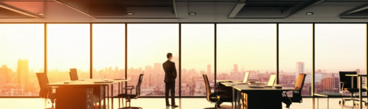 Bureau moderne et impeccable fraîchement aménagé, avec de grandes fenêtres donnant sur un horizon urbain, un cadre caucasien observe le panorama.