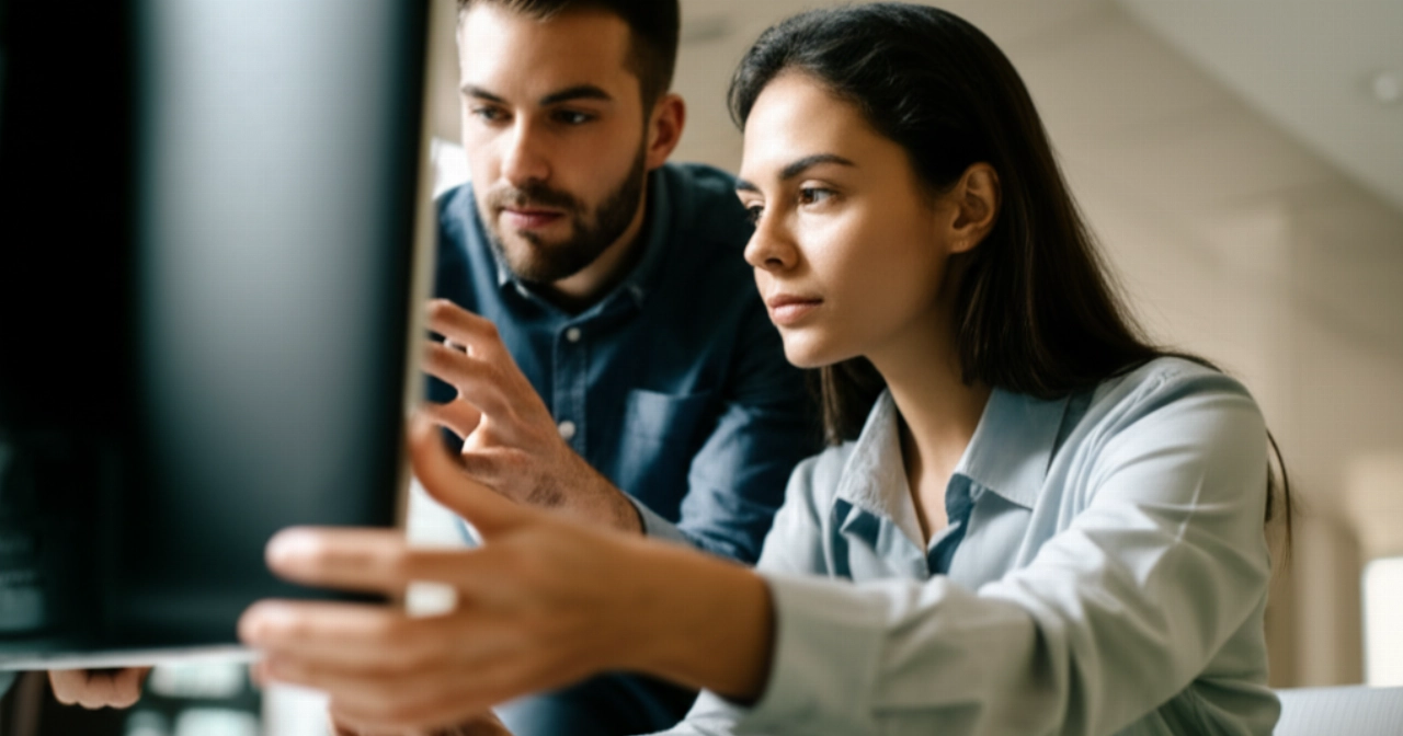 Deux collègues caucasiens collaborent attentivement, déballant et installant un moniteur sur un nouveau bureau dans un bureau moderne.
