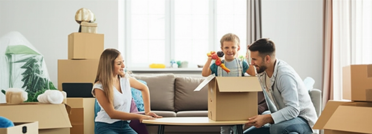 Une famille caucasienne heureuse déballe des cartons dans son nouveau salon ensoleillé, avec les meubles principaux déjà installés et des cartons empilés.