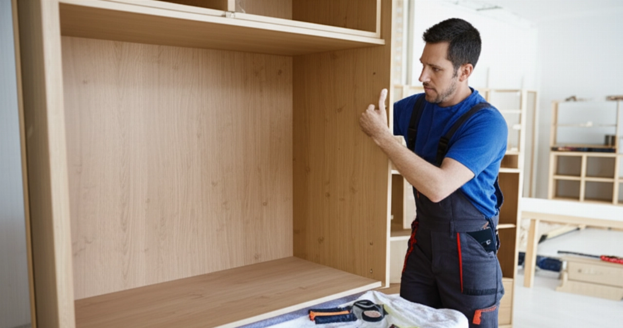 Un technicien caucasien assemble avec précision une armoire moderne dans une pièce lumineuse, soulignant la compétence et l'attention aux détails.