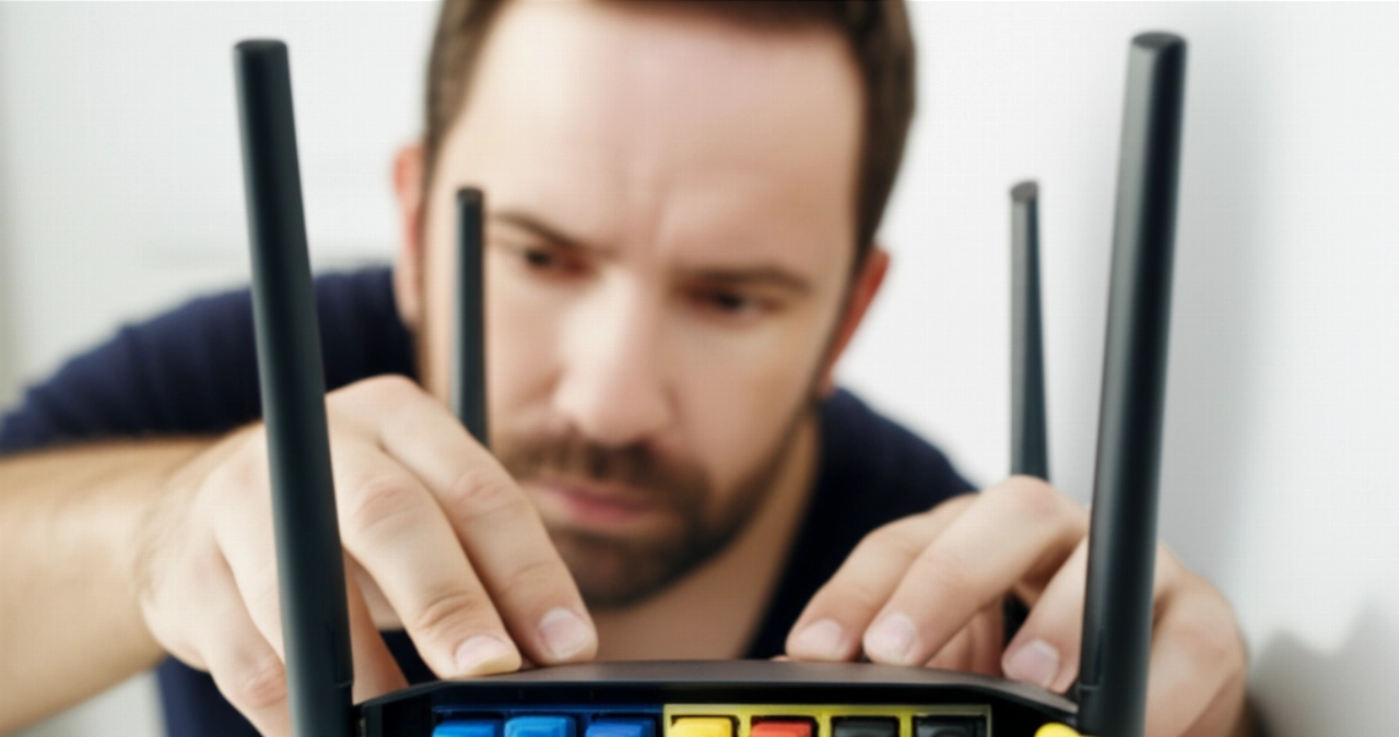 Gros plan hyperréaliste d'un homme caucasien connectant un routeur internet dans un nouvel appartement.
