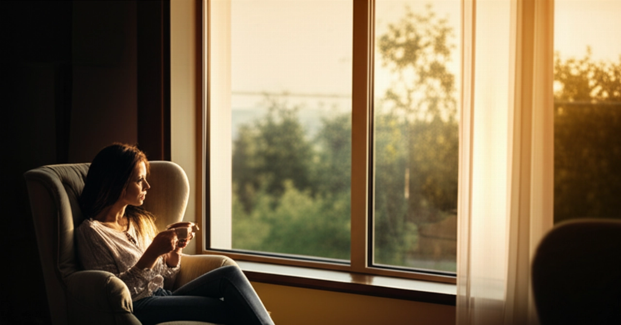 Une femme caucasienne détendue assise sur un fauteuil dans une nouvelle maison magnifiquement meublée et ensoleillée, avec une tasse de café.