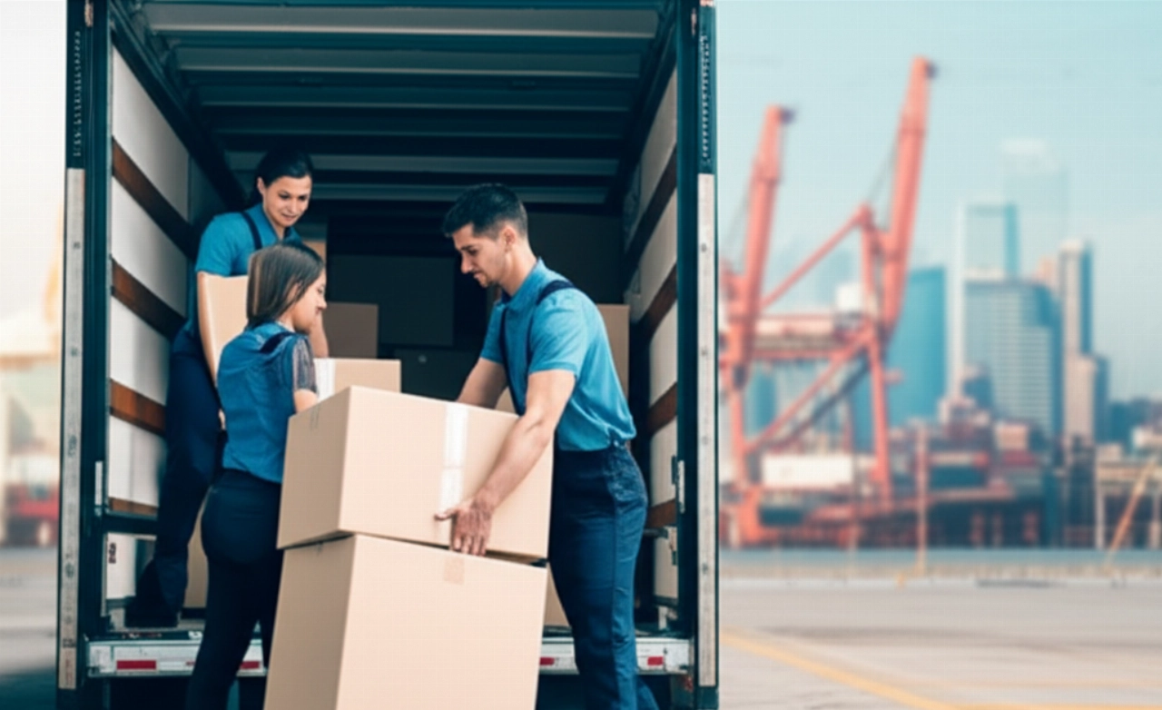 Déménageurs professionnels caucasiens chargeant soigneusement des cartons sur un camion pour un déménagement international, avec un arrière-plan urbain flou.