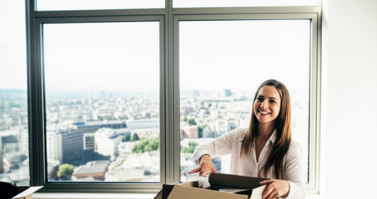Femme caucasienne heureuse déballant ses affaires dans un nouvel appartement lumineux, avec une vue panoramique sur une ville européenne, après un déménagement international.