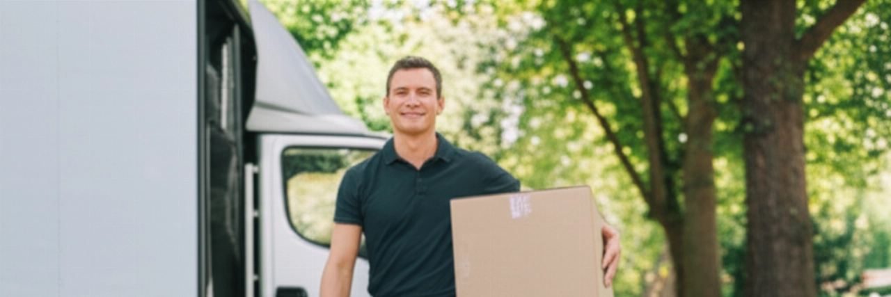Un homme caucasien souriant et professionnel transportant sans effort un carton de déménagement bien emballé vers un camion moderne, illustrant un transport efficace et sans stress.