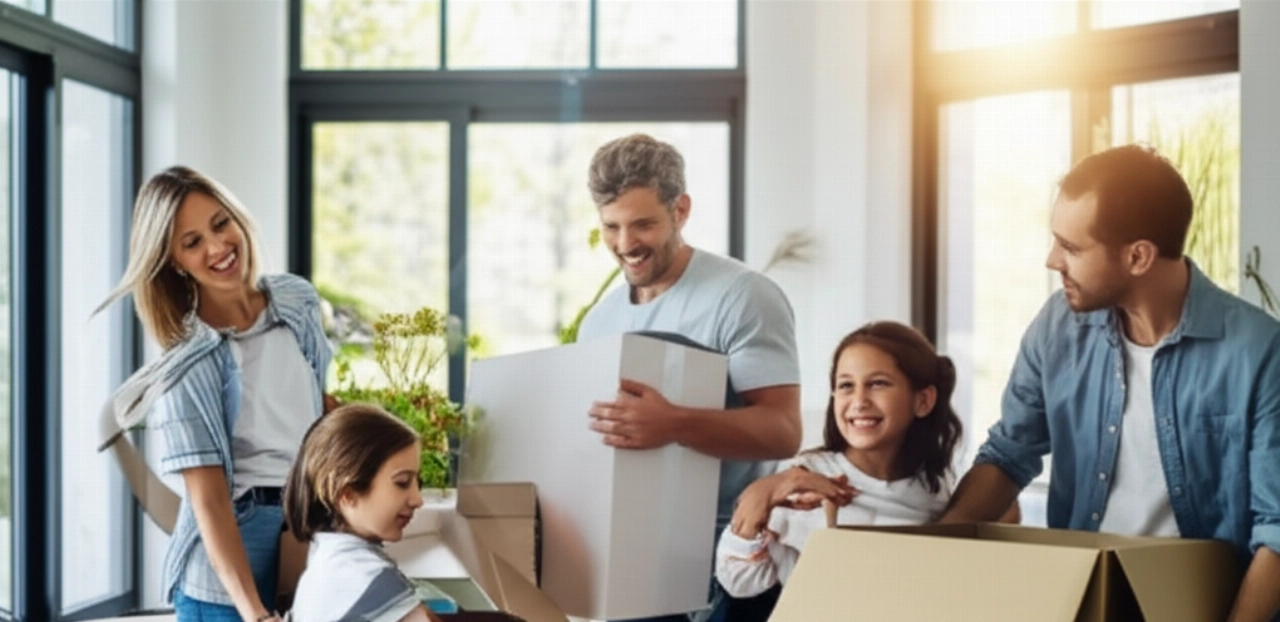 Une famille caucasienne heureuse et souriante déballe joyeusement des cartons légers dans leur nouvelle maison lumineuse et spacieuse, symbolisant un début serein et positif.