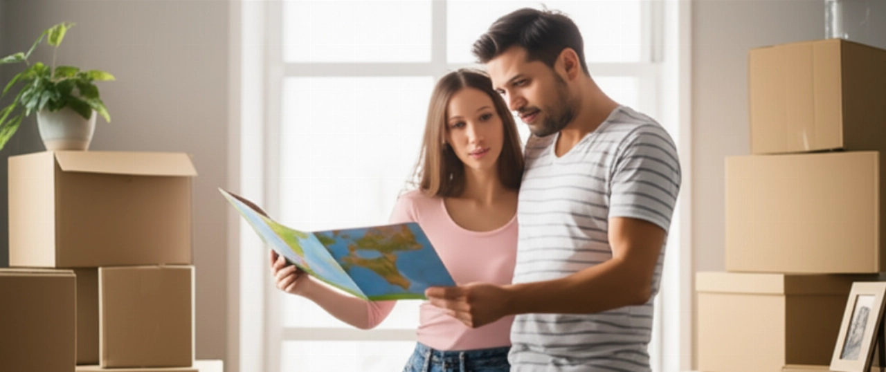 Un couple caucasien dans une pièce remplie de cartons de déménagement, la femme indiquant une carte de France et d'Italie, symbolisant un déménagement international.