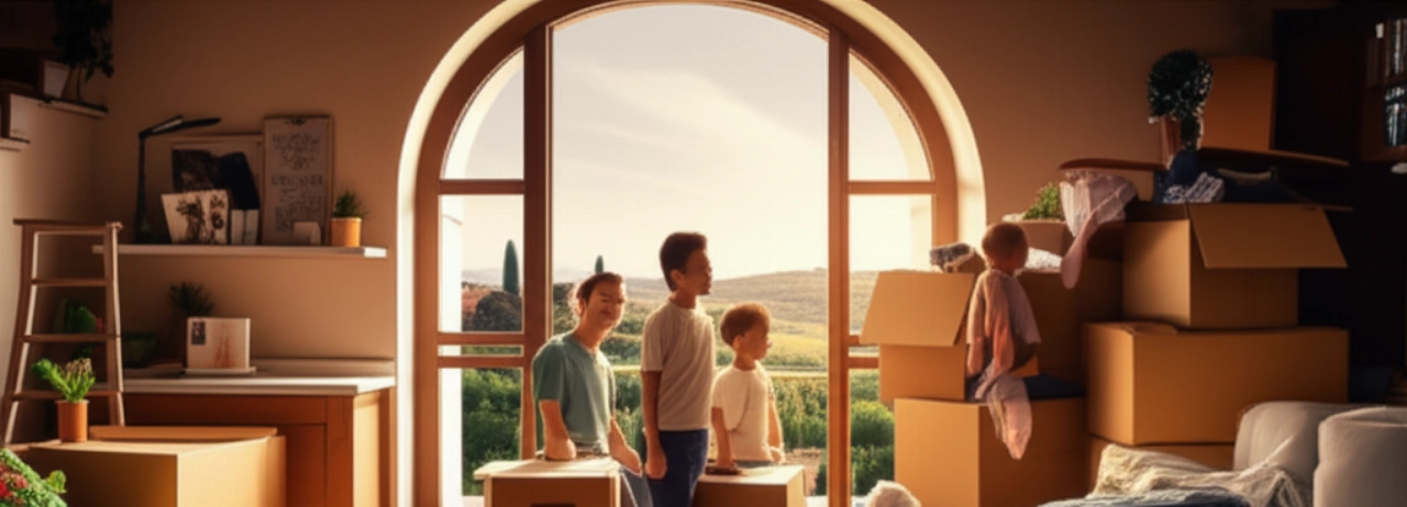 Une famille caucasienne souriante déballant des cartons dans leur nouvelle maison en Italie, avec une vue panoramique sur le paysage italien.
