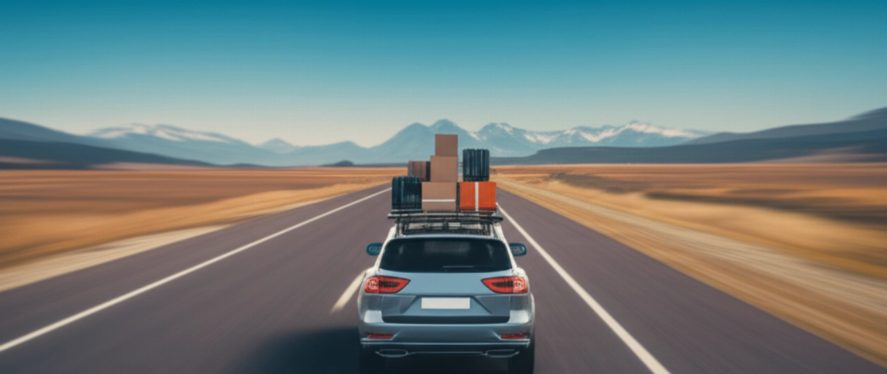 Une voiture chargée de cartons et de bagages roule sur une autoroute à travers un vaste paysage, symbolisant un long déménagement hors région.