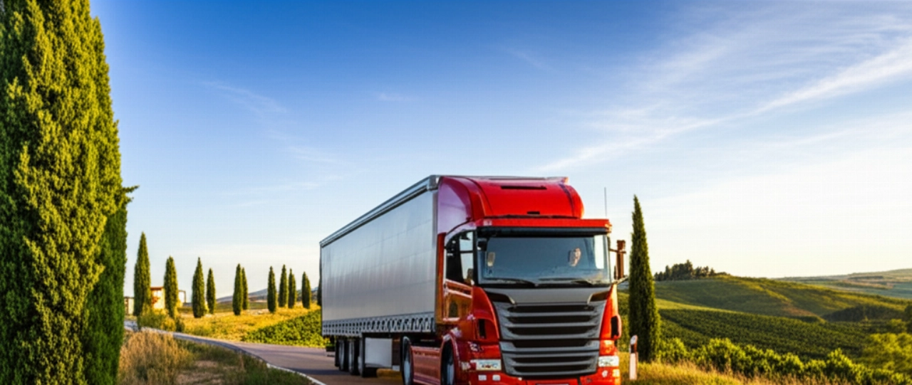 Grand camion de déménagement roulant sur une route panoramique à travers la campagne toscane italienne au coucher du soleil.
