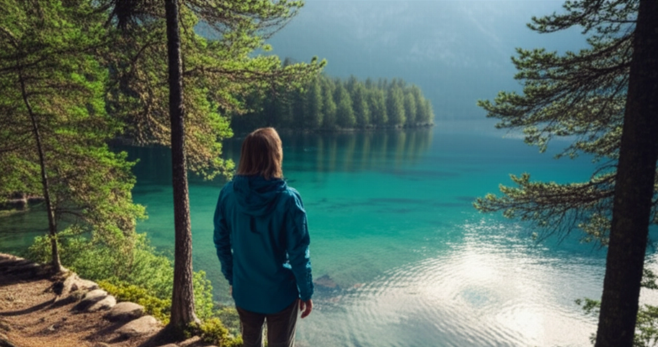 Une personne caucasienne en tenue de randonnée admire un lac norvégien serein entouré de forêts et de montagnes.