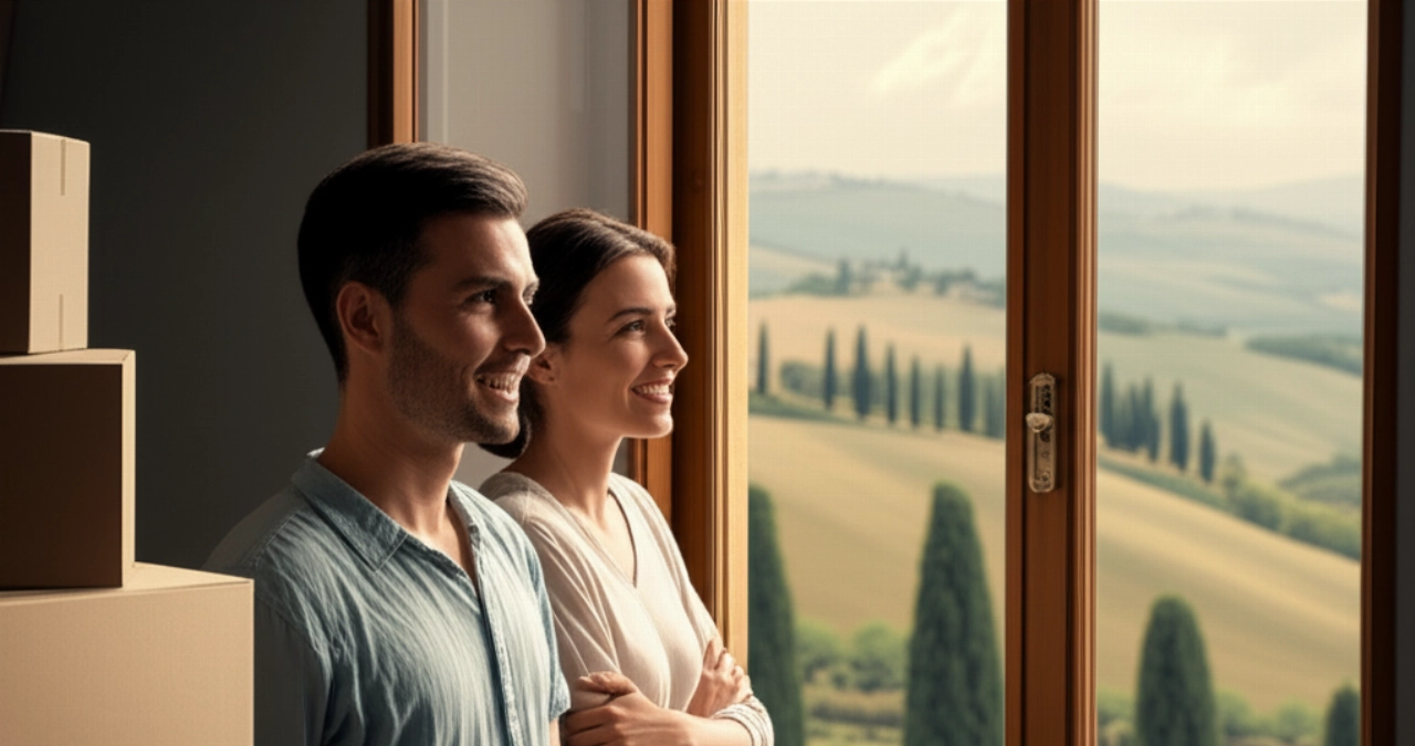 Un couple caucasien heureux sourit en regardant par la fenêtre de leur nouvel appartement italien, avec des cartons de déménagement en arrière-plan et un paysage champêtre. L'image évoque la joie d'un nouveau départ.