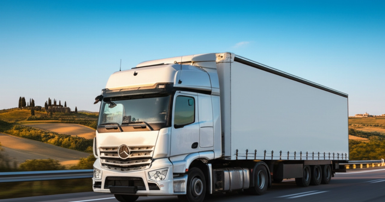 Un camion de déménagement moderne et sans marque roule sur une autoroute panoramique italienne, avec les emblématiques collines toscanes en arrière-plan. L'image symbolise le voyage et la fiabilité du service.