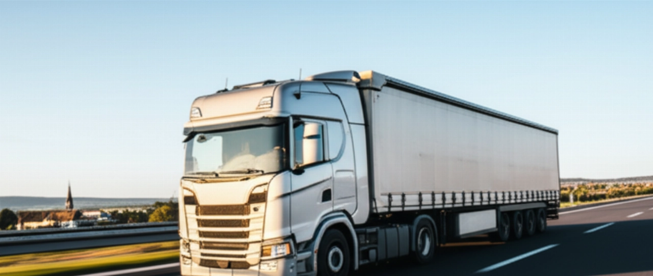 Camion de déménagement moderne sur une autoroute européenne, symbolisant le voyage entre l'Italie et la Belgique.