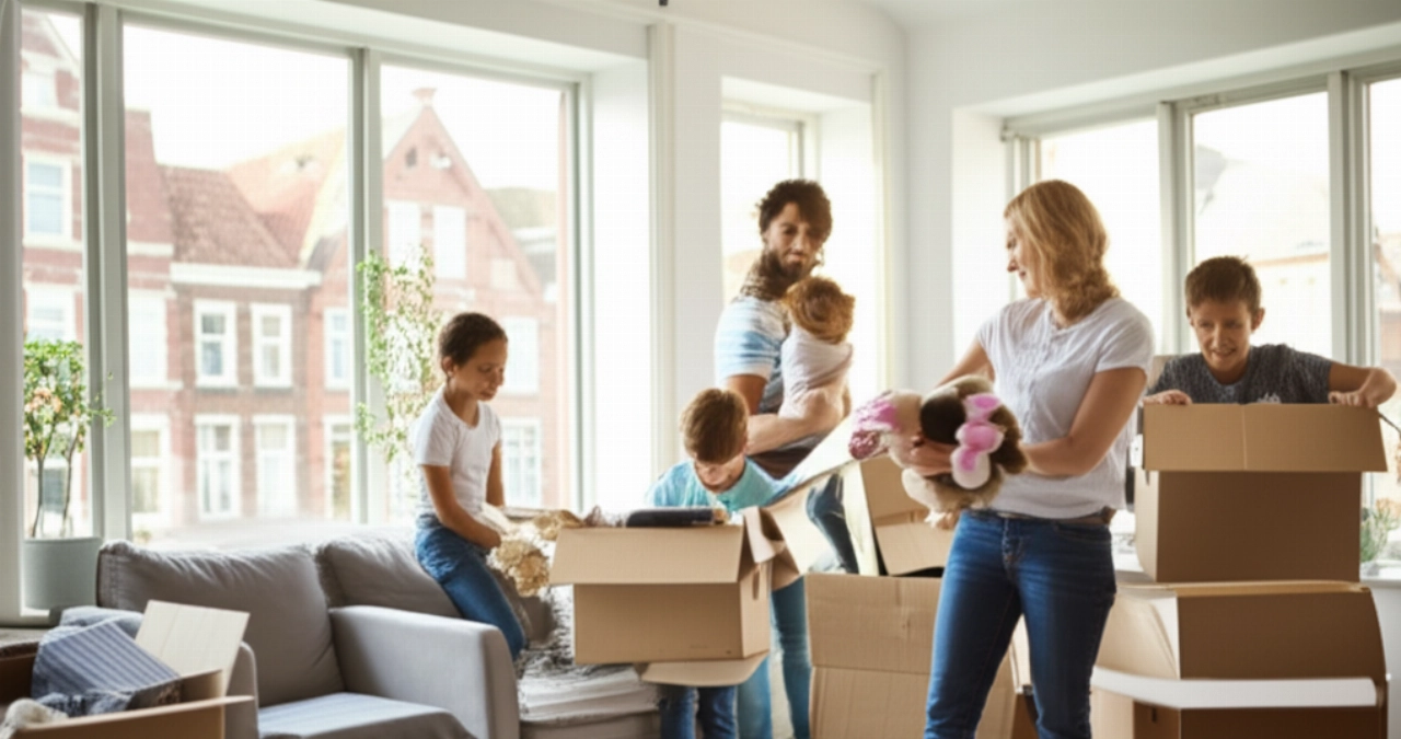 Famille caucasienne heureuse déballant des cartons dans leur nouvelle maison lumineuse en Belgique.