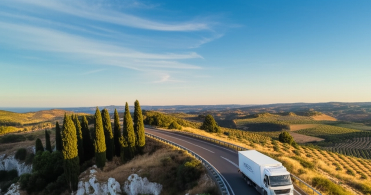 Camion de déménagement blanc roulant sur une autoroute côtière panoramique, avec le paysage passant des falaises italiennes aux collines espagnoles.
